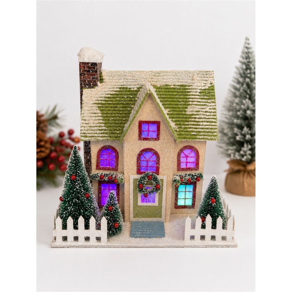 Vintage Style Lighted Christmas House Color Changing LED Cardboard Cottage